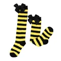 Detailed view of yellow and black striped girls' long socks with black bows for Halloween. - Kids (7-12 Years) / Black Yellow Striped / Black Bow