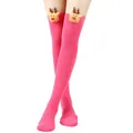 Detailed view of pink thigh-high Christmas socks with plush reindeer embellishments - One Size / Rose Red