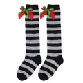 Detail view of children's striped knee-high socks with festive red and green bows. - Kids (7-12 Years) / Double Layer Bow / Grey and Black Stripes