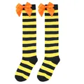Detailed close-up view of girls yellow and black striped Halloween knee-high socks with orange bows - Kids (7-12 Years) / Black Yellow Striped/Orange Bow