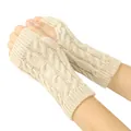 Macro view of the intricate cable knit pattern on warm beige fingerless gloves - One Size / Light Beige