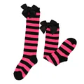 Detail view of pink and black striped knee-high socks with a large black bow - Kids (7-12 Years) / Black Rose Red Striped / Black Bow