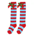 Festive girls Christmas over-knee striped socks with red and green double layer bow - Kids (7-12 Years) / Double Layer Bow / Blue and Red Stripes