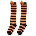 Close-up detail of Halloween children's striped knee-high socks with 3D plush pumpkin dolls - Kids (7-12 Years) / Pumpkin Doll Style / Orange & Black Stripes