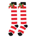Pair of striped Christmas over-the-knee socks for girls with festive green and red bows. - Kids (7-12 Years) / Double Layer Bow / Red White and Black Stripes