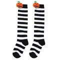 Detail shot of Halloween themed black and white striped long socks with pumpkin dolls - Kids (7-12 Years) / Pumpkin Doll Style / Black & White Wide Stripes