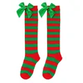 Detailed view of girls' red and green striped Christmas knee-high socks with bows - Kids (7-12 Years) / Red and Green Stripes/Green Bow