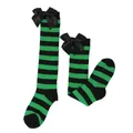 Children's Halloween green and black striped long socks with large black bows for girls - Kids (7-12 Years) / Green Black Striped / Black Bow