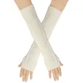 Long cream cable knit fingerless gloves and arm warmers for women's winter warmth and style - One Size / White