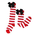 Red and white striped girls' knee-high socks with large black satin bows - Kids (7-12 Years) / Wide Red White Striped / Black Bow