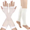 Detailed close-up view of white fishnet gloves and matching knitted leg warmers for retro party - Set / White