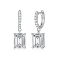 Elegant silver hoop earrings featuring emerald cut moissanite drop pendants for women - Emerald Cut Moissanite Drop Style (CU-EM-040) / Silver