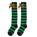 Detail of children's green and black striped over-the-knee Christmas socks with bows - Kids (7-12 Years) / Double Layer Bow / Green and Black Stripes