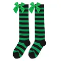 Festive girls green and black striped over-the-knee socks with large satin bow accent - Kids (7-12 Years) / Green and Black Stripes with Green Bow