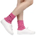 Pink owl-themed knitted leg warmers with cable-knit pattern and decorative bead eyes - One Size / Deep Pink