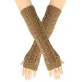 Women's long brown cable-knit fingerless gloves arm warmers for autumn and winter - One Size / Khaki