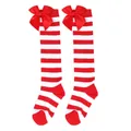 Detailed view of red and white striped knee high socks with large satin bows for girls. - Kids (7-12 Years) / Red/White Wide Stripes with Red Bow