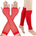Retro party accessory set featuring red mesh fishnet gloves and matching knitted leg warmers - Set / Red
