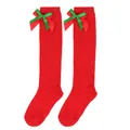 Detail of children's red Christmas over-the-knee socks with festive green ribbon bows - Kids (7-12 Years) / Double Layer Bow / Solid Red