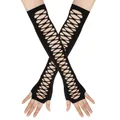 Close-up of black stretchy mid-length fingerless gloves with hollow-out mesh design - Oversized Loose / Black