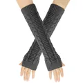 Long grey cable knit fingerless arm warmers for women, perfect winter warmth accessory. - One Size / Dark Gray