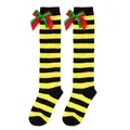 Macro view of yellow and black striped over-the-knee socks with red and green bows - Kids (7-12 Years) / Double Layer Bow / Black and Yellow Stripes