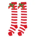 Detail of red and white striped Christmas stockings with green and red double bows - Kids (7-12 Years) / Double Layer Bow / Red and White Wide Stripes
