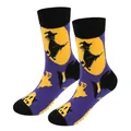 Close-up detail of Halloween purple men's cotton socks with witch and ghost pattern design - Size 43-49 / Witch Style 2