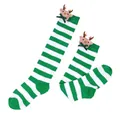 Detail view of green and white striped Christmas long socks with reindeer doll decor. - Kids (7-12 Years) / Green White Stripes / Bow Reindeer