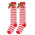Festive red and white striped knee-high socks for girls with double-layer green bow - Kids (7-12 Years) / Double Layer Bow / Red & White Thin Stripes