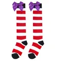 Children's Halloween over-knee socks featuring red stripes and large purple satin bows - Kids (7-12 Years) / Red White Black Striped/Purple Bow