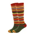 Retro multi-colored striped knee-high socks for women with green heel and toe details - One Size / Dark Green