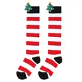 Close-up detail of children's Christmas striped over-the-knee socks with plush tree doll - 7-12 Years Old / Red White Black Striped (Christmas Tree)