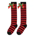 Detailed view of children's striped Christmas over-the-knee socks with red and green bows - Kids (7-12 Years) / Double Layer Bow / Red Black Thin Striped