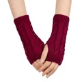 Detailed view of burgundy cable knit fingerless gloves featuring soft wool texture and thumb holes - One Size / Burgundy