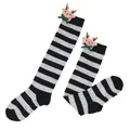 Detailed view of children's grey and black striped Christmas socks with plush reindeer doll - Kids (7-12 Years) / Gray Black Stripes / Bow Reindeer