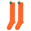 Orange children's over-the-knee Christmas socks featuring cute plush green tree dolls - 7-12 Years Old / Solid Orange (Christmas Tree)