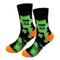 Close-up of Halloween men's crew socks with Frankenstein and RIP gravestone design - Size 43-49 / Zombie Green Style 1