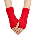 Close-up of red cable knit fingerless gloves with thumb hole for autumn and winter - One Size / Red