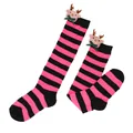 Detailed view of pink and black striped Christmas socks with reindeer plush dolls at cuffs. - Kids (7-12 Years) / Black Rose Pink / Bow Reindeer