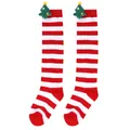 Red and white striped children's over-the-knee socks with cute plush Christmas tree decor - 7-12 Years Old / Wide Red White Striped (Christmas Tree)