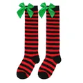Detailed view of festive red and black striped knee-high socks adorned with bright green bows - Kids (7-12 Years) / Thin Red and Black Stripes with Green Bow