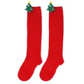 Festive red children's Christmas knee-high socks featuring cute green plush tree dolls - 7-12 Years Old / Solid Red (Christmas Tree)