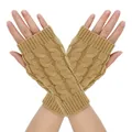Detailed view of high-quality warm cable-knit fingerless gloves in khaki color for winter. - One Size / Camel