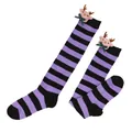 Purple and black striped over-the-knee socks for kids with cute reindeer plush decoration - Kids (7-12 Years) / Purple Black Stripes / Bow Reindeer