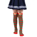 Detail view of festive red and green striped Christmas socks with cute reindeer plush for kids. - 7-12 Years Old / Red Green Stripes