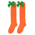 Bright orange carrot-themed girl's knee-high socks adorned with green satin bows - Kids (7-12 Years) / Solid Orange with Green Bow