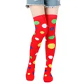 Detailansicht roter Overknee-Strümpfe mit lebhaften bunten Punktmustern für Cosplay - Einheitsgröße / Rot