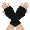 Macro view of black cable-knit fingerless gloves with soft acrylic texture for winter - One Size / Black