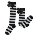 Cute children's black and gray striped knee high socks featuring large black satin bows - Kids (7-12 Years) / Grey Black Striped / Black Bow